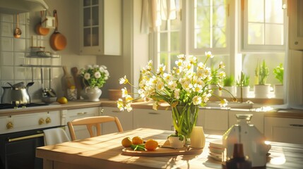 A bright and airy kitchen bathed in sunlight, with fresh flowers on the table and a sense of morning freshness. 