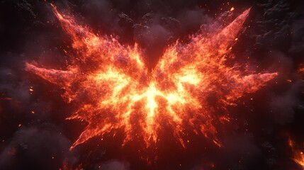 Fototapeta premium Fiery wings abstract background with smoke and sparks.