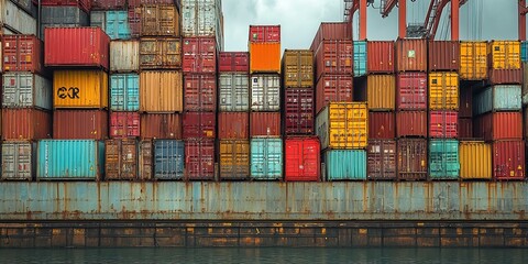 Obraz premium Cargo containers stacked high at bustling port, vibrant colors like red, blue, green, and yellow contrasting against gray cranes towering above.