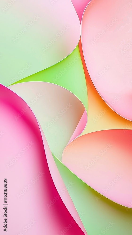 Poster smooth curves and overlapping sheets of paper in vibrant pink, green, and orange hues create a visua