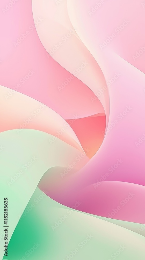 Poster pastel pink and green gradient waves intertwine, creating a soft, elegant, and flowing abstract back