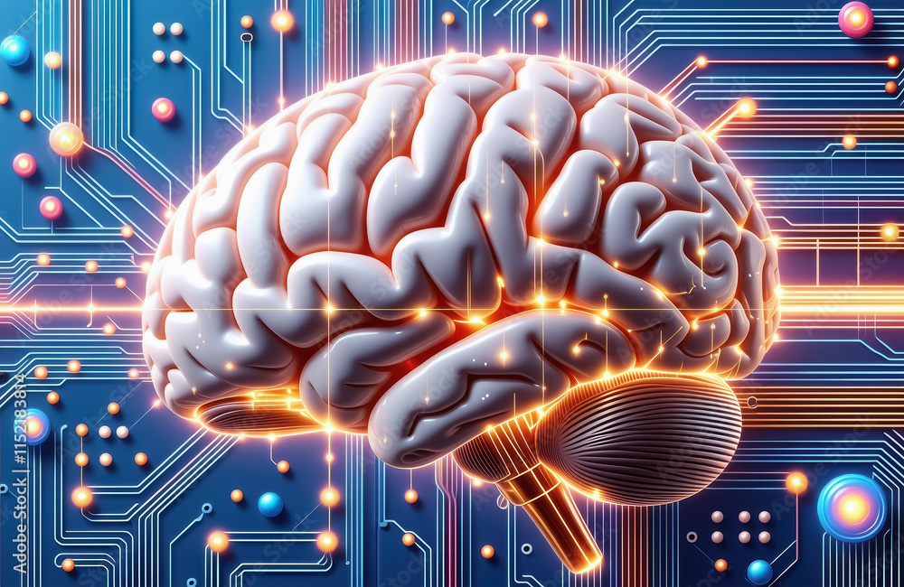 Poster futuristic brain with circuitry: innovation in neural technology visualization
