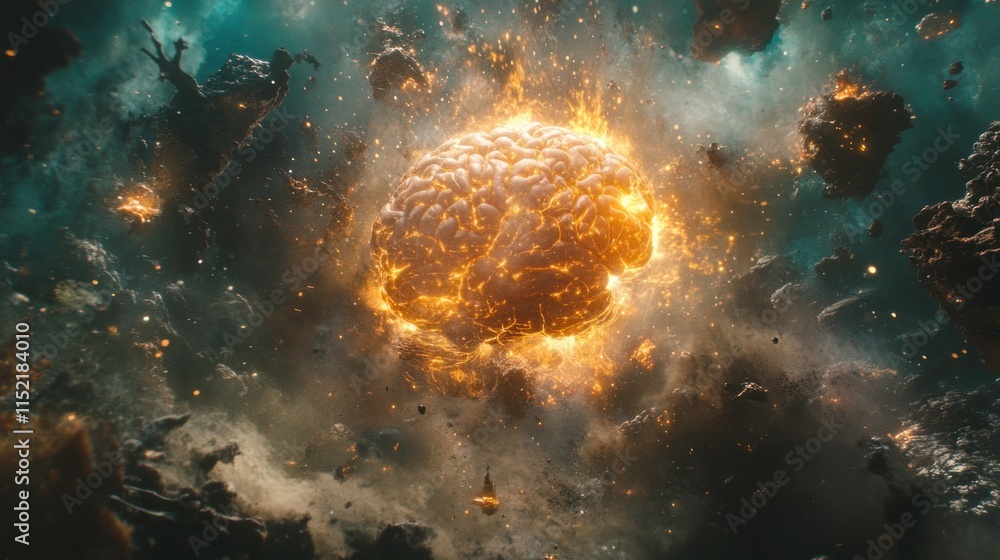 Poster flaming brain exploding in space, surrounded by debris and cosmic dust.
