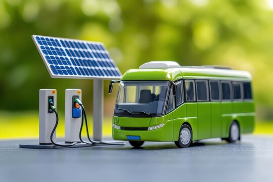 Model of a green electric bus at a solar-powered charging station, symbolizing sustainable transportation and clean energy.