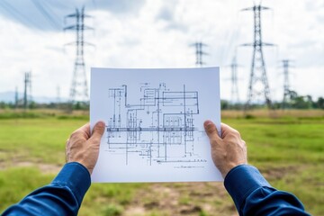 Person holding blueprint of electrical substation at construction site with transmission towers in the background.