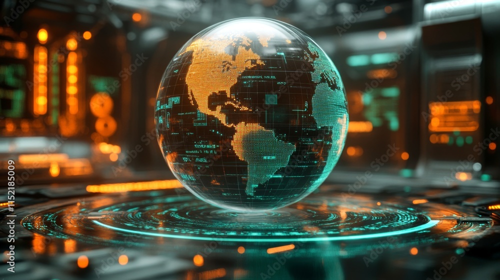 Poster A holographic globe showcases the Americas illuminated with vibrant colors amid a high-tech environment filled with data streams and glowing panels.