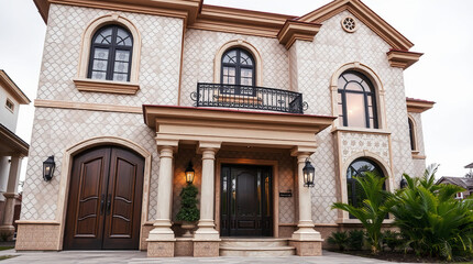 Obraz premium Two-story house with beige patterned facade, arched windows and doors, a balcony, and landscaping. The style is Mediterranean or Italianate. Dark brown double doors are the main entry.