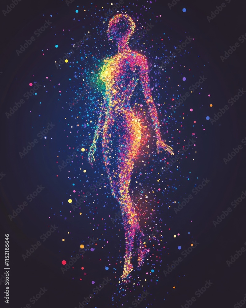 Poster a colorful, ethereal figure composed of sparkling particles in a cosmic setting.
