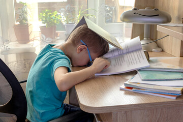 Boy in exhaustion covered with textbooks at his desk. Learning overload, burnout, stress. Home...
