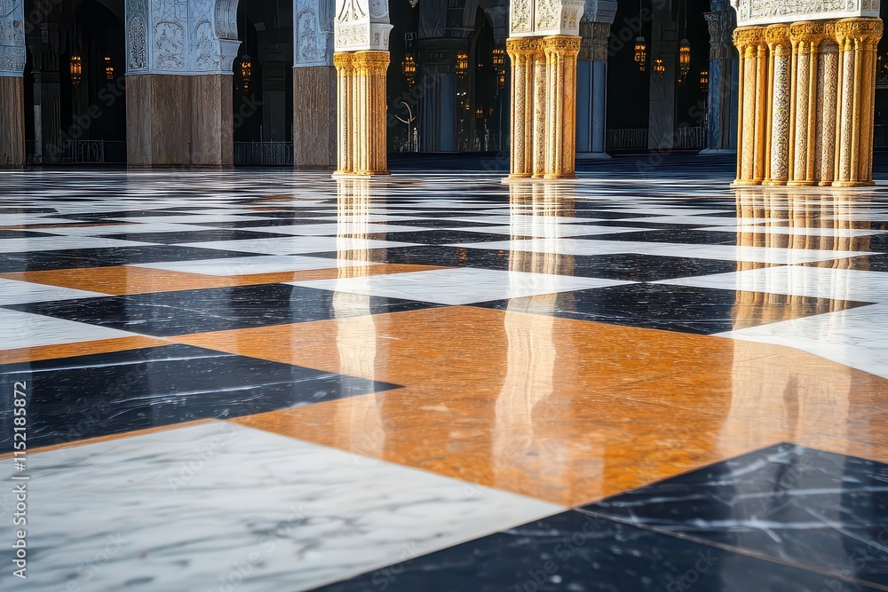 Poster a polished marble floor with intricate patterns in a grand architectural space.