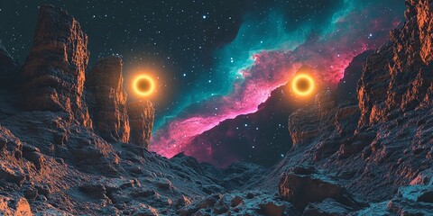 Naklejka premium Surreal cosmic landscape with vibrant nebula and two glowing orbs in a rocky terrain.
