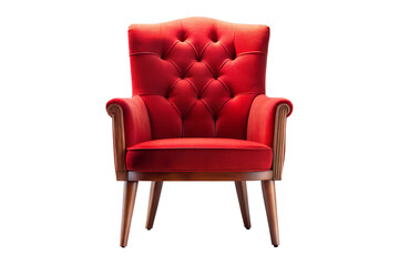 Elegant red armchair with tufted backrest and wooden legs in a modern interior design setting