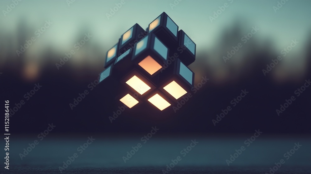 Poster floating abstract geometric shape made of digital blocks glowing faintly under dim light