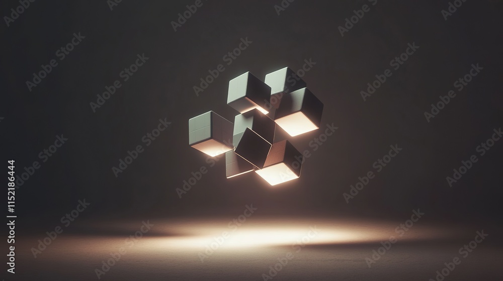 Poster floating abstract geometric shape made of digital blocks glowing faintly under dim light