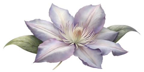 Beautiful clematis flower illustration showcasing intricate petals and delicate leaves in a soft color palette
