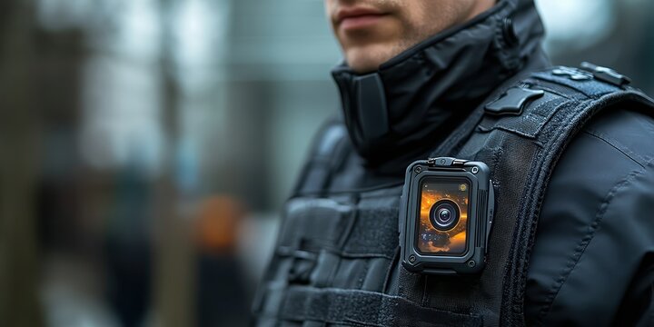  Multi-functional body camera clipped to chest, featuring built-in GPS and two-way audio. An advanced and practical device for security or law enforcement use.