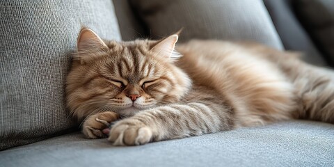  Fluffy ginger cat peacefully sleeping on soft gray couch. Relaxed posture and closed eyes create a serene and cozy atmosphere in a warm domestic environment.