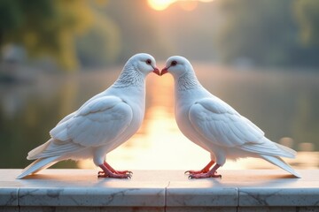Fototapeta premium Two white doves near lake, their beaks meeting in gentle kiss. Valentine's day concept.