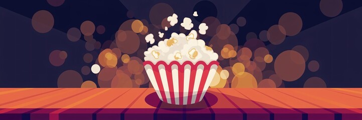 Popcorn in striped bucket on wooden table.
