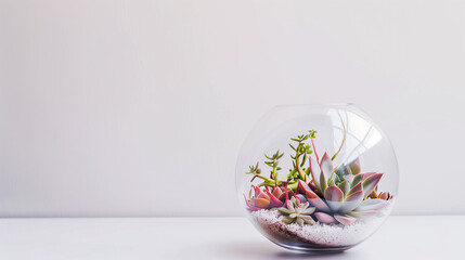 Florarium, aquarium with flowers, banner with copy space, floristry