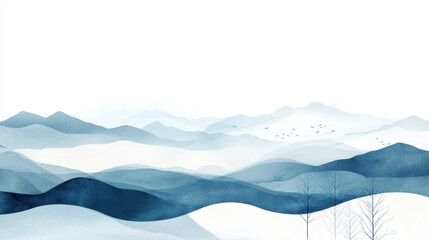 Layered icy blue mountains fade into white winter horizon, creating serene and tranquil landscape with minimalistic trees and birds in distance