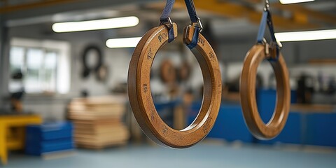 Set of gymnastic rings hanging from durable straps. A versatile and sturdy fitness tool designed for strength training and bodyweight exercises.