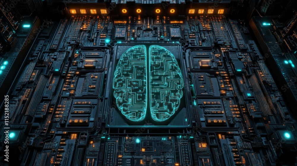 Poster futuristic circuit board with a glowing brain design at its center, representing artificial intellig