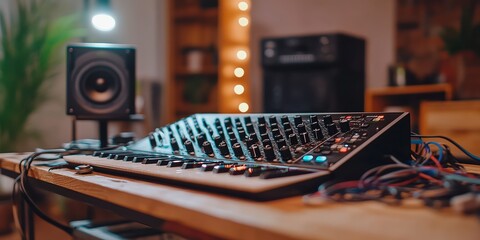 Synthesizer angled on desk with attached cables in stylish recording studio. Warm lights and lush greenery add aesthetic vibe to innovative music production environment.