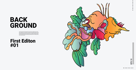 Design Abstract doodle art Object Landing Page Concept Red Background. Face or Bird character with funny faces. Smiling monster, monsters with big eyes and teeth, Fang, bird, cute illustration