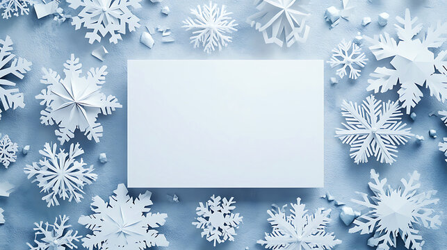 Elegant Winter Background with Paper Snowflakes and Blank Space. A festive and elegant winter scene featuring numerous intricately cut paper snowflakes in various sizes and shapes, arranged artistical