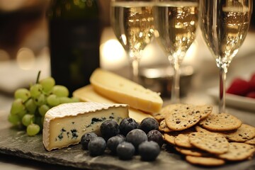 Cheese Board with Grapes Crackers and Champagne Glasses