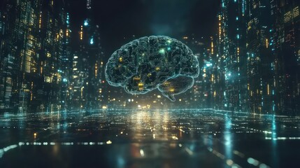 Fototapeta premium Futuristic city skyline with a glowing brain hologram representing artificial intelligence, technology, and innovation.
