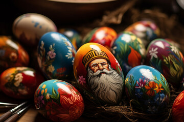Fototapeta premium Generative AI image of a collection of colored, handcrafted Easter eggs