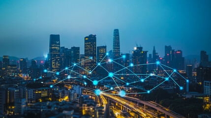 Obraz premium Smart digital city with connection cyber security network reciprocity over the cityscape . future smart wireless digital city and social media networking systems that connects people within the city