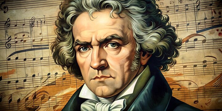 Portrait of a composer surrounded by musical notes, capturing the essence of genius in classical music from the 18th century