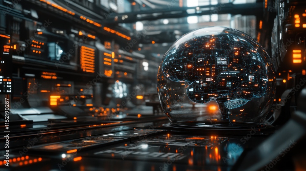 Poster futuristic cityscape with a transparent sphere containing a complex circuit board, symbolizing techn