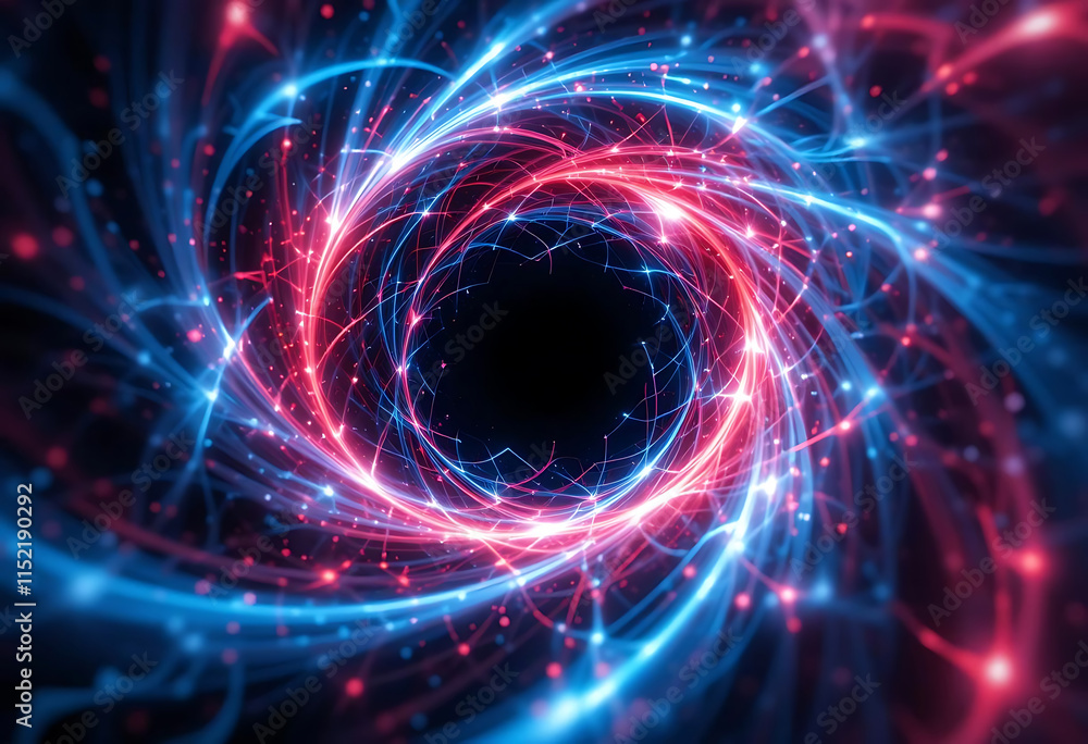 Poster abstract spiral with light particles, dynamic vortex background design.