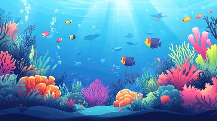 Naklejka premium Vibrant Underwater Scene With Colorful Fish and Coral Reefs