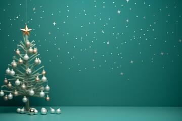 Stylized pale green christmas tree on turquoise background with decoration space for text