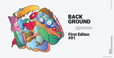 Vector abstract cartoon monster face, beak, fang, bird doodle design,and head colorful illustration.Banner and wallpaper background. landing page illustration