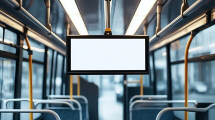 Empty modern bus interior with white blank display screen in urban setting, mockup concept