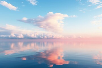 Fototapeta premium Serene morning landscape soft pastel pink clouds reflecting in tranquil blue waters