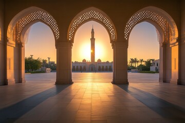 A stunning mosque silhouette at sunset framed by ornate arches.