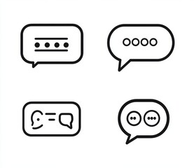 4 simple icons, speech bubbles, white background, monochrome, simple line drawings, vector graphics, minimalist style, high resolution, no gradients, very detailed. 