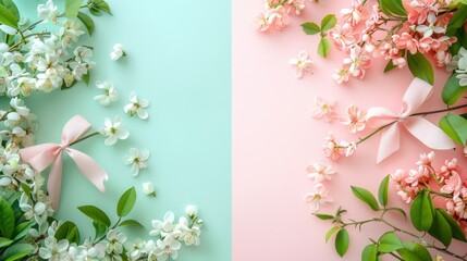 Obraz premium A beautiful arrangement of pink and white flowers, with a pink ribbon tied around the stems. The flowers are scattered throughout the frame, with some in the foreground and others in the background