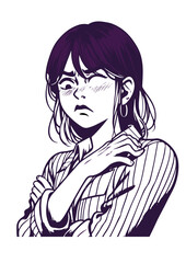 personagem, mulher braços cruzados, raiva, nojo, emoção, careta, frio