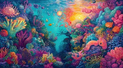 Fototapeta premium Vibrant Underwater Coral Reef Scene With Fish