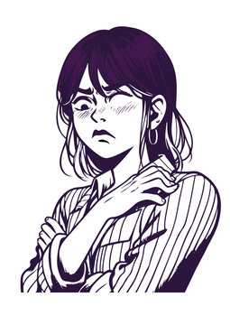 personagem, mulher bra&ccedil;os cruzados, raiva, nojo, emo&ccedil;&atilde;o, careta, frio