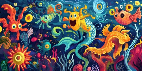 Fototapeta premium Vibrant Underwater Scene With Fantastical Creatures And Flora