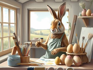 Vibrant spring scene featuring a rabbit surrounded by colorful splashes and broken eggshells